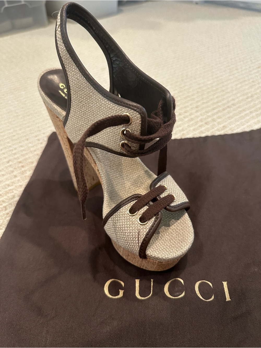 Gucci Beige and Brown Canvas Cork Platform Sandal - Picture 2 of 8